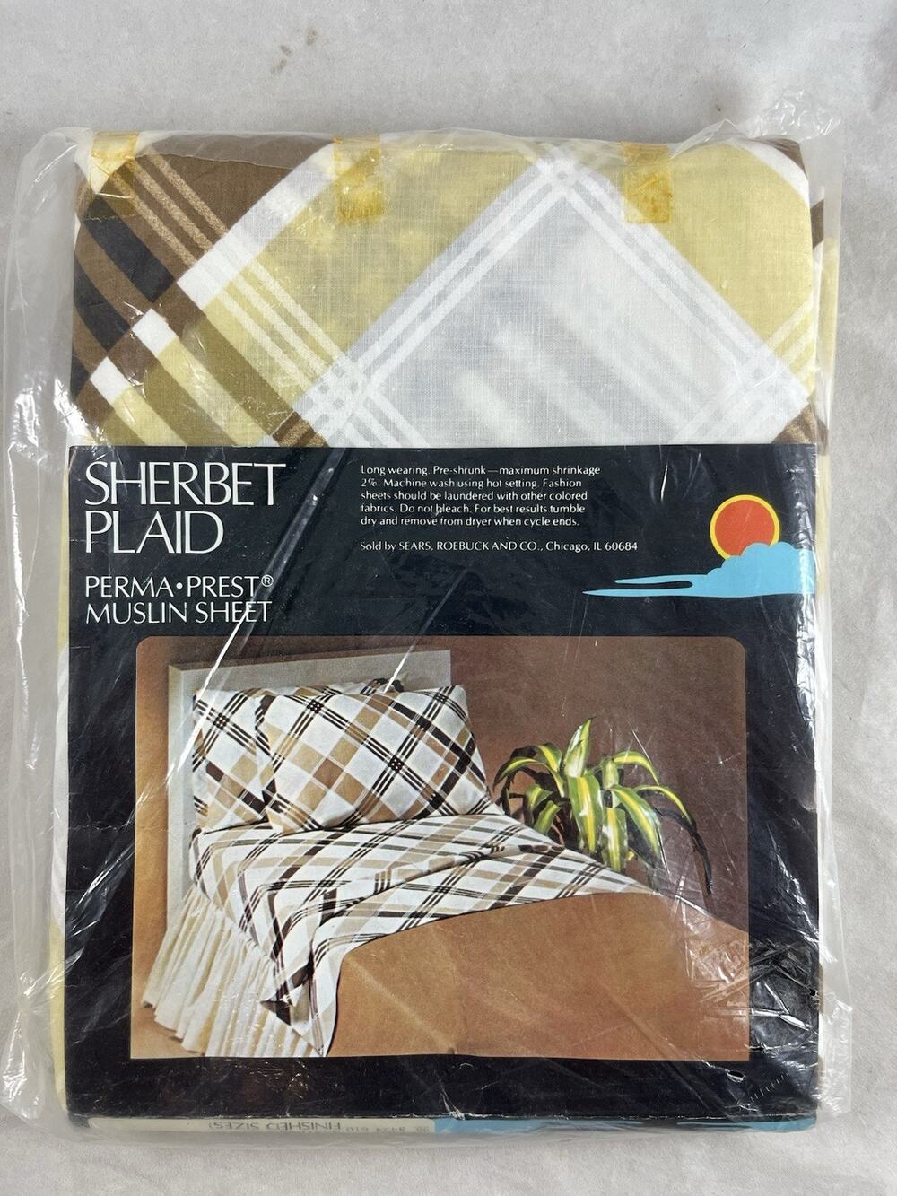 Sears Sherbet Plaid Twin Flat Sheet Criss Cross Print Brown Palett New NIP VTG